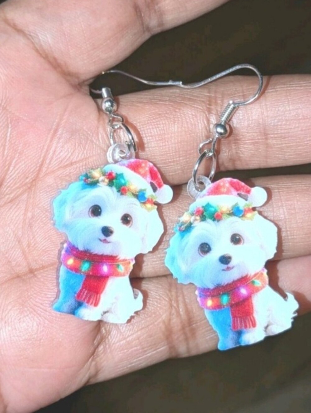 Cute White Puppy Christmas Dangle Earrings - Red Scarf For Kids And Adults
